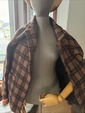 Womens Brown Plaid Wool-Blend Coat Jacket